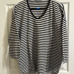 Joan Vass Boxy Black and White Striped V-Neck 100% cotton Sweater
